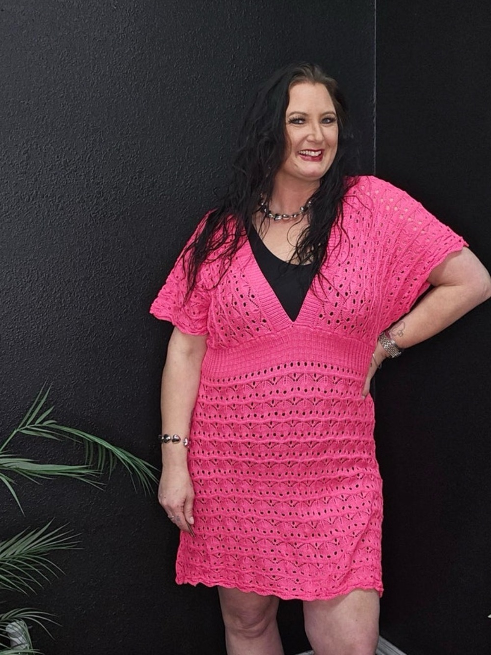 Hot Pink Crochet V-Neck Midi Dress